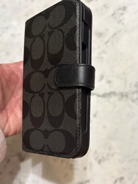 Coach Black Signature Folio Wallet Phone Case I phone 15